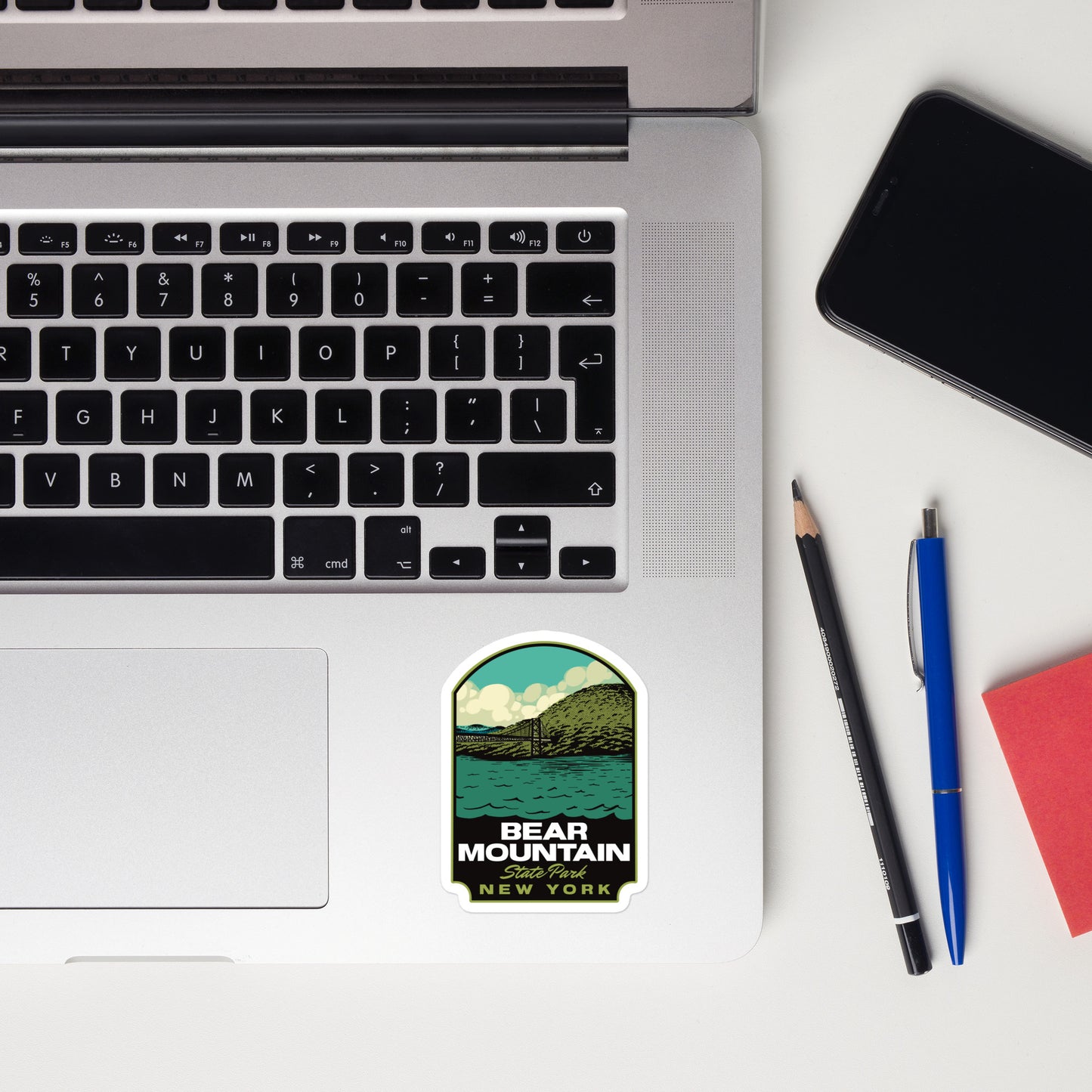 A sticker of Bear Mountain State Park on a laptop