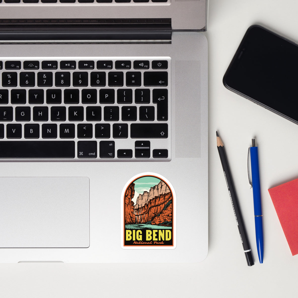 a sticker of Big Bend National Park on a laptop