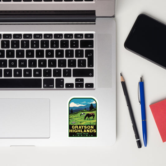 Grayson Highlands Virginia vinyl decal in retro style displayed on laptop—features Mount Rogers and half tones in mid-century design, perfect for travelers and state park lovers
