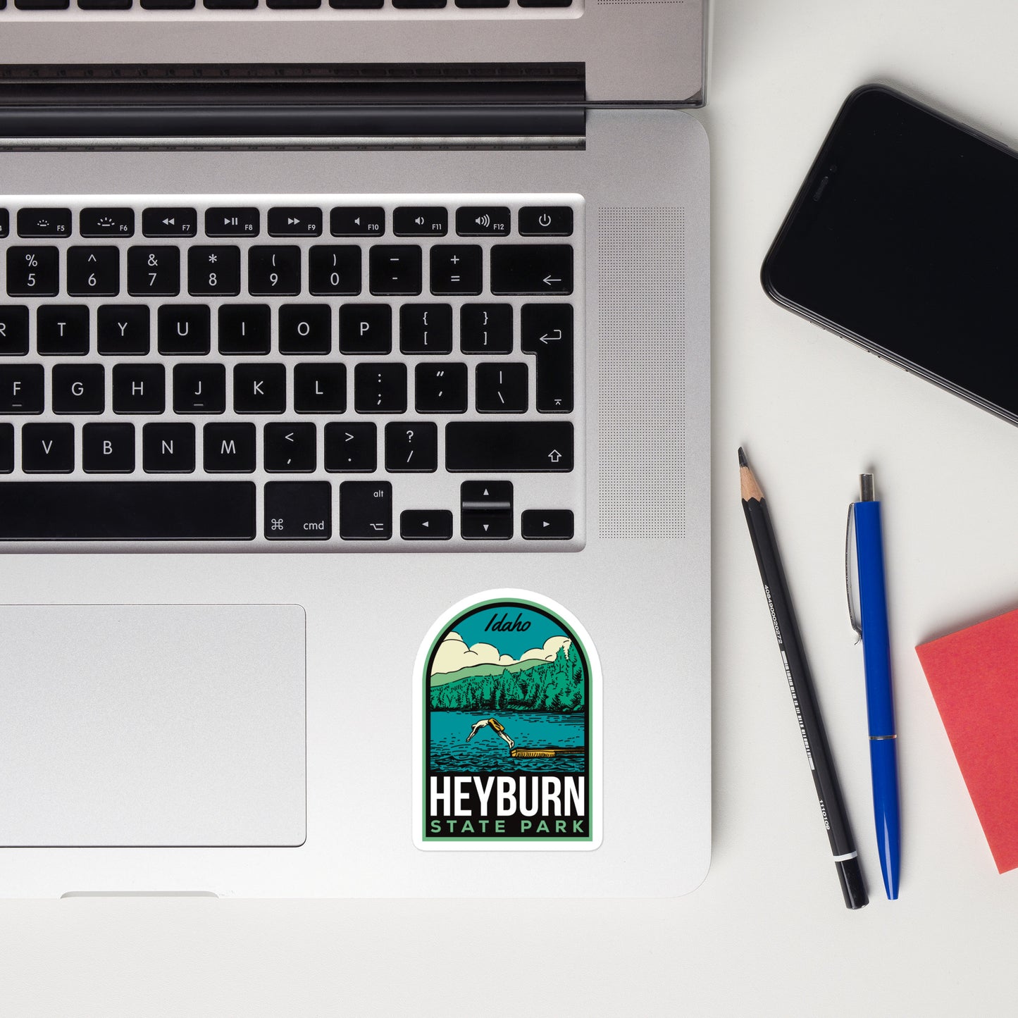 A sticker of Heyburn State Park on a laptop