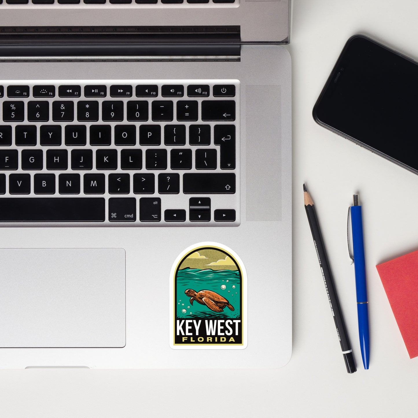A sticker of Key West Florida on a laptop