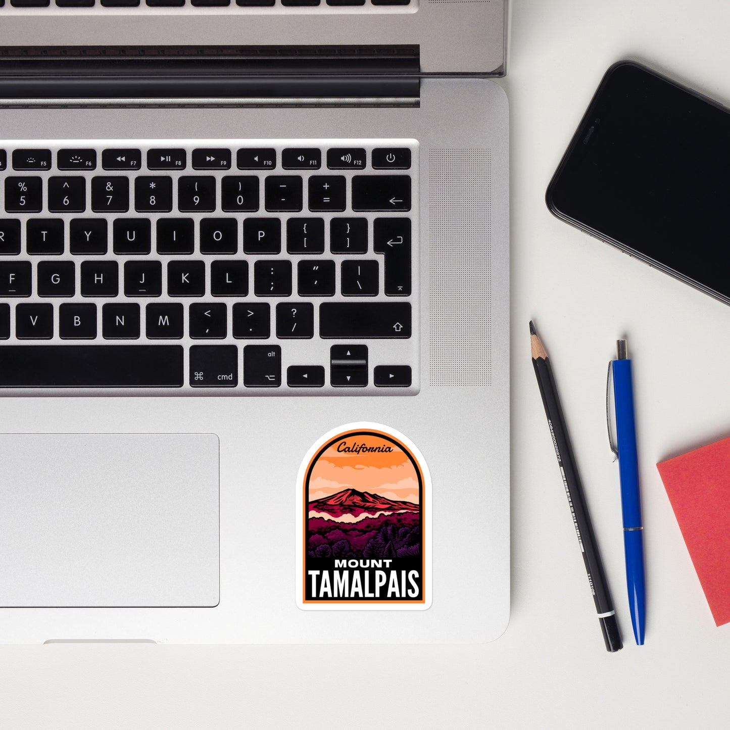 A sticker of Mount Tamalpais on a laptop
