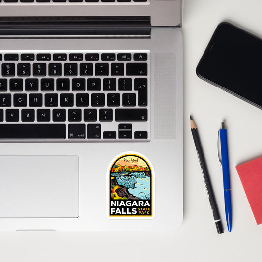 A sticker of Niagara Falls State Park on a laptop