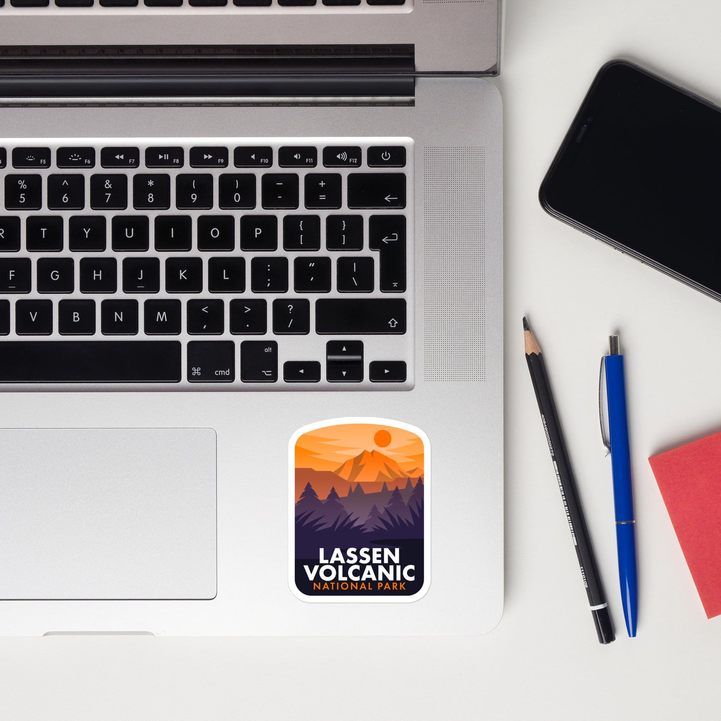 A sticker of Lassen Volcanic National Park on a laptop