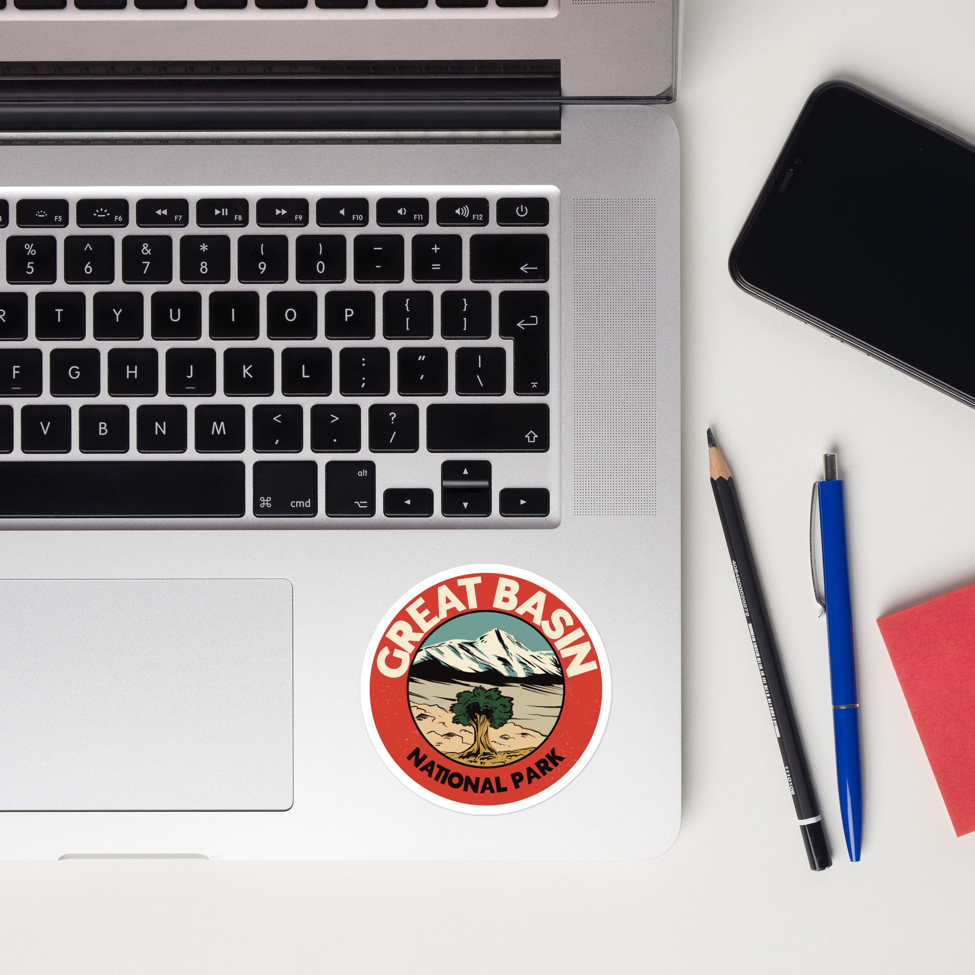 A sticker of Great Basin National Park on a laptop