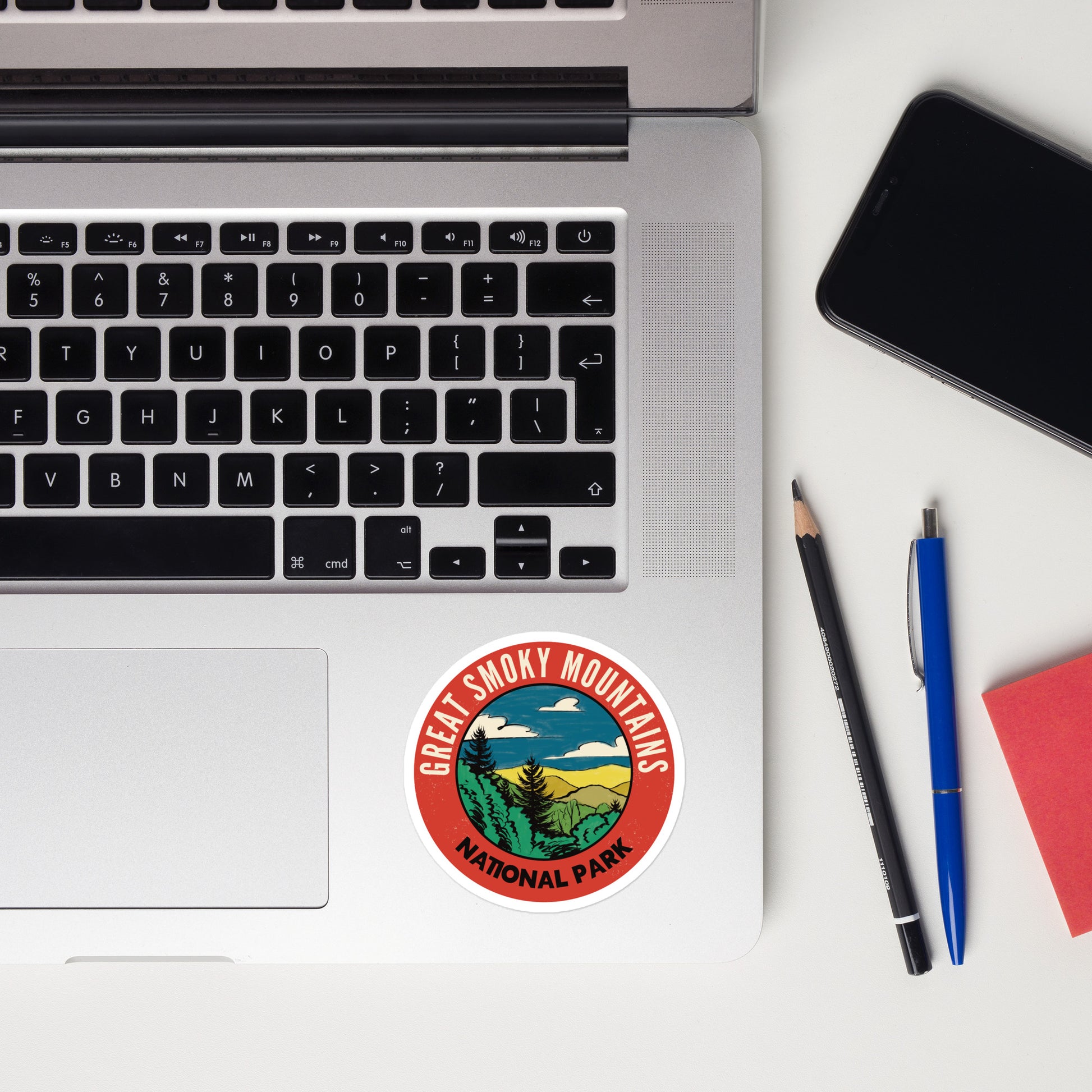 A sticker of Great Smoky Mountains National Park on a laptop
