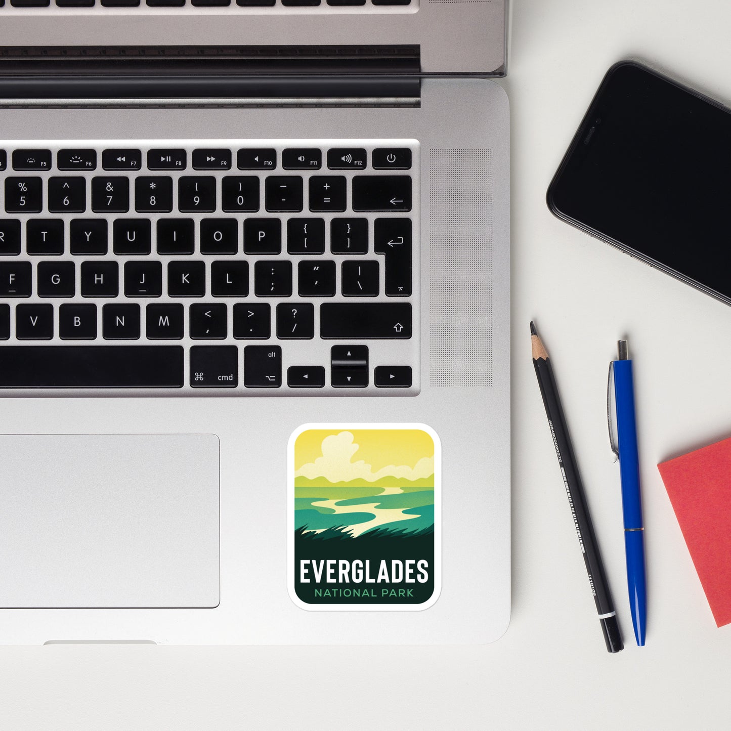 A sticker of Everglades National Park on a laptop
