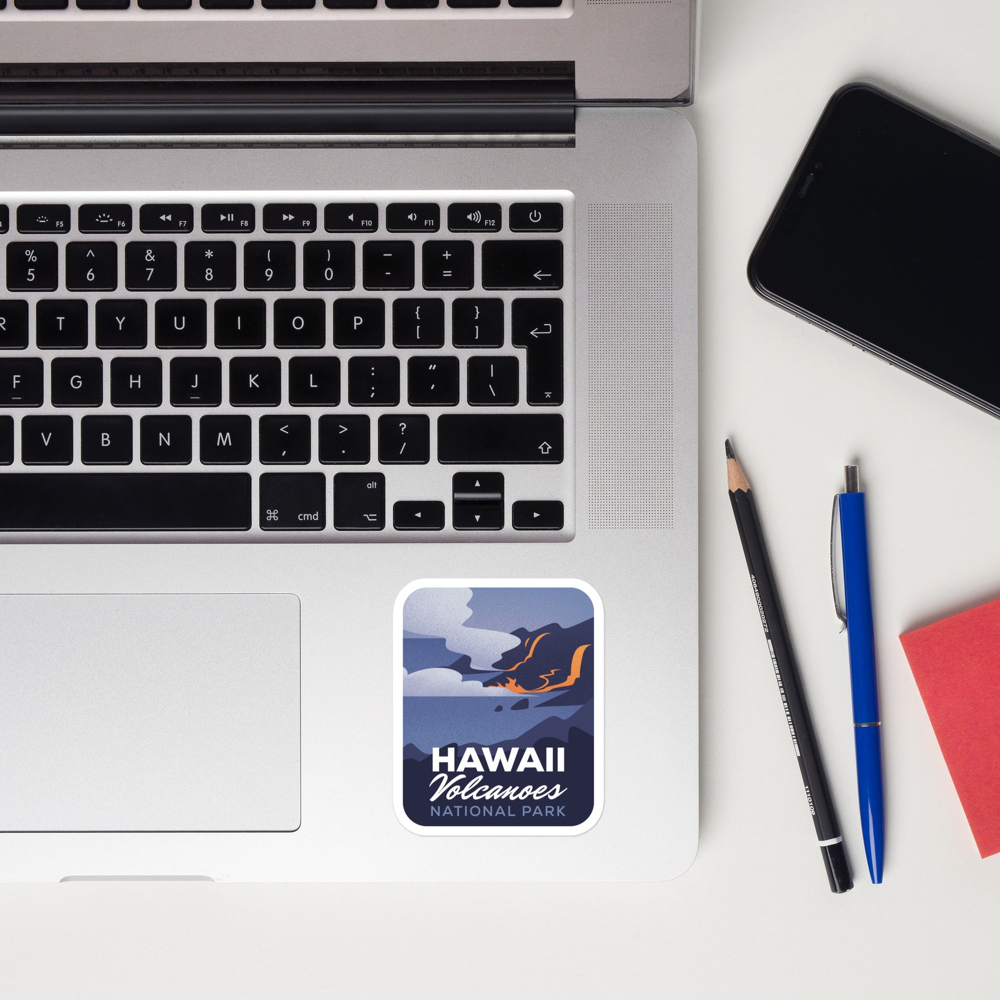 A sticker of Hawaii Volcanoes National Park on a laptop