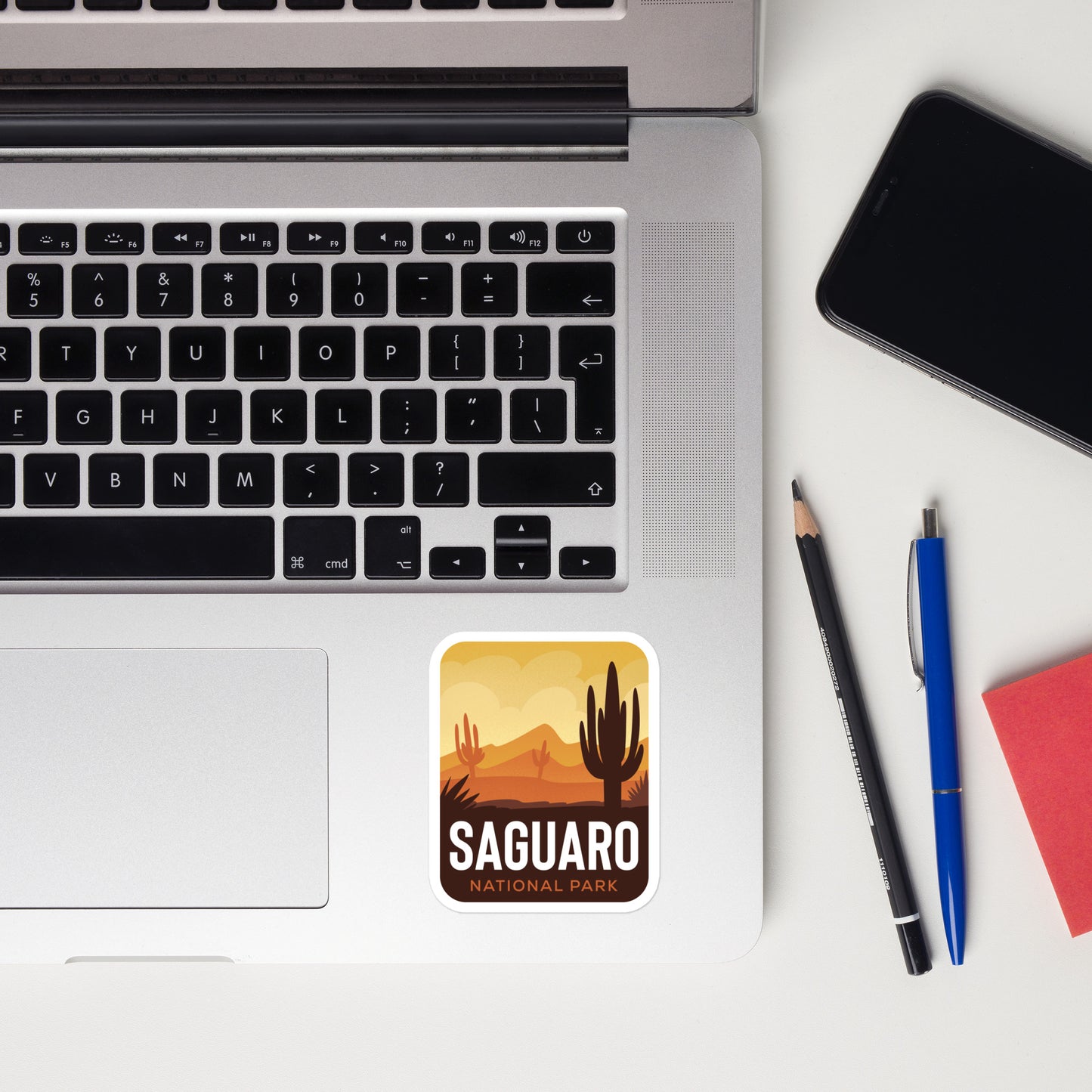 A sticker of Saguaro National Park on a laptop