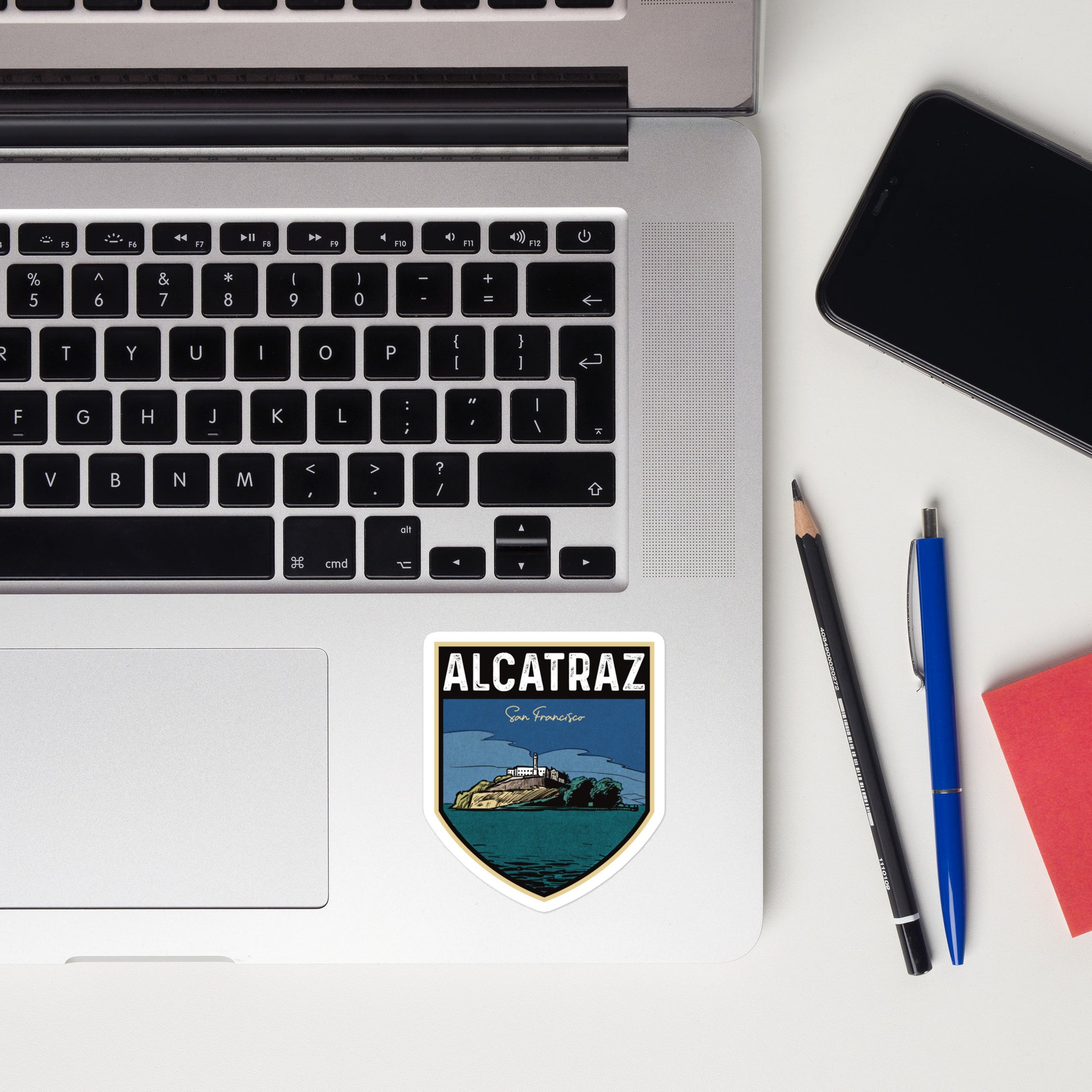 A sticker of Alcatraz California on a laptop