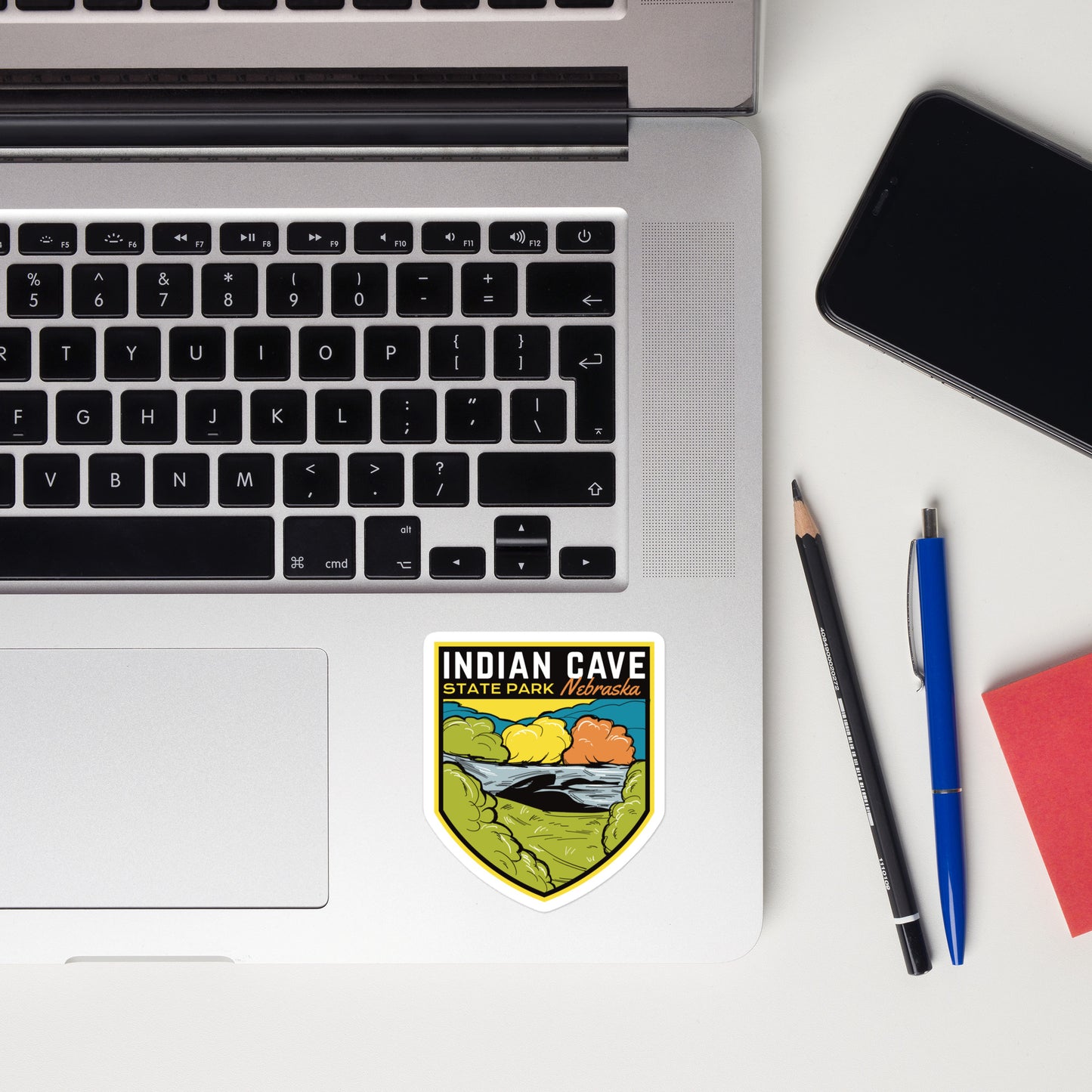 A sticker of Indian Cave State Park on a laptop