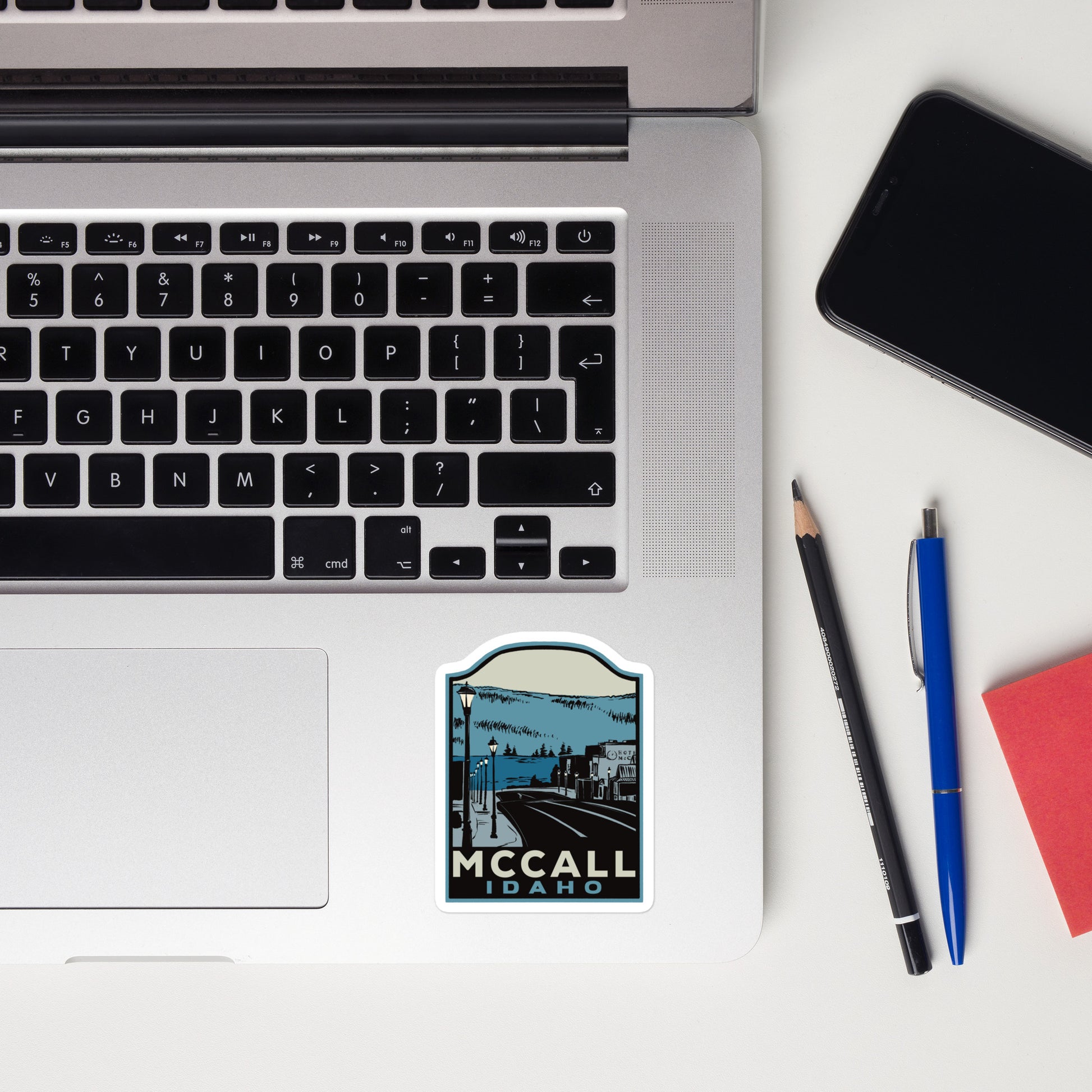 A sticker of McCall Idaho on a laptop
